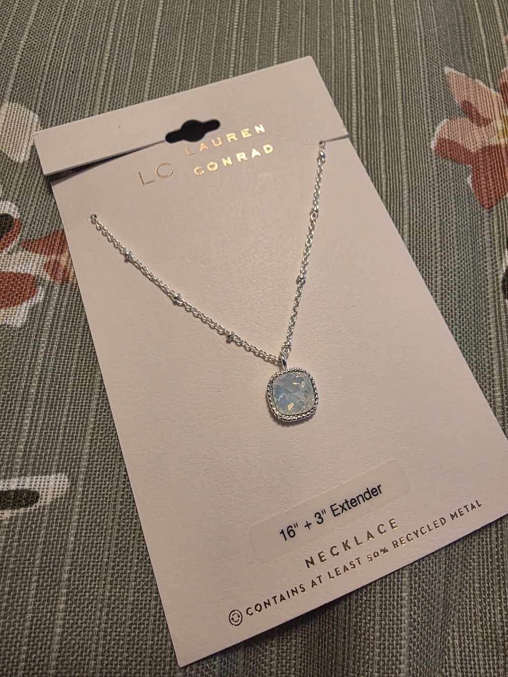 NEW LC Lauren Conrad Silver Necklace with Light Blue Cushion Pendant